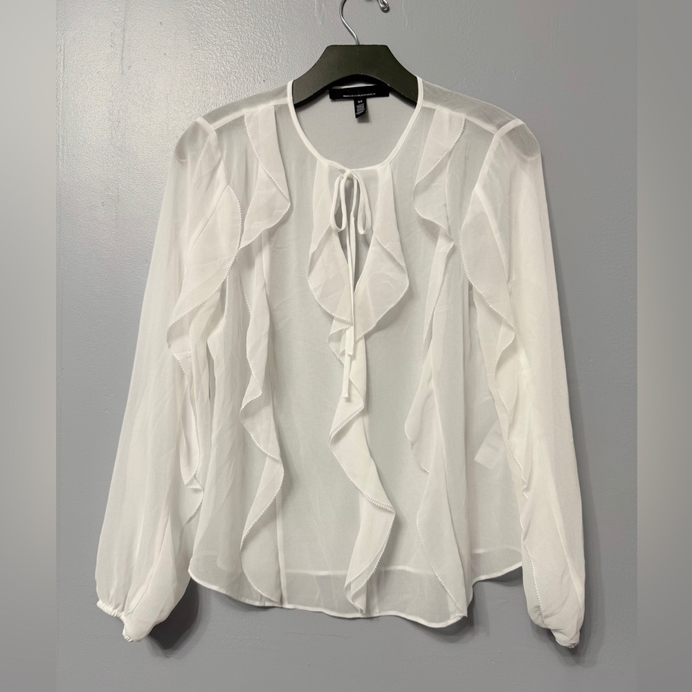 #1) White House Black Market Sheer White Ruffle Blouse
